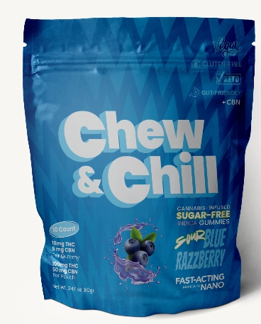 Photograph of Product: Chew & Chill Sugar Free Live Resin Gummies | 2:1:1:1 THC/CBN/CBD/CBG | Sour Blue Razzberry
