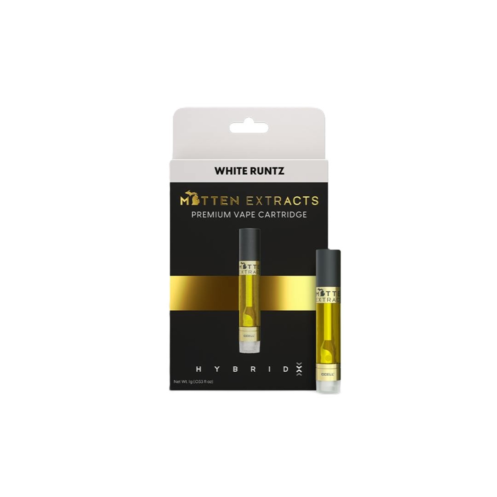 Photograph of product: MITTEN EXTRACTS | WHITE RUNTZ | HYBRID | 510 CARTRIDGE | 1G | REC