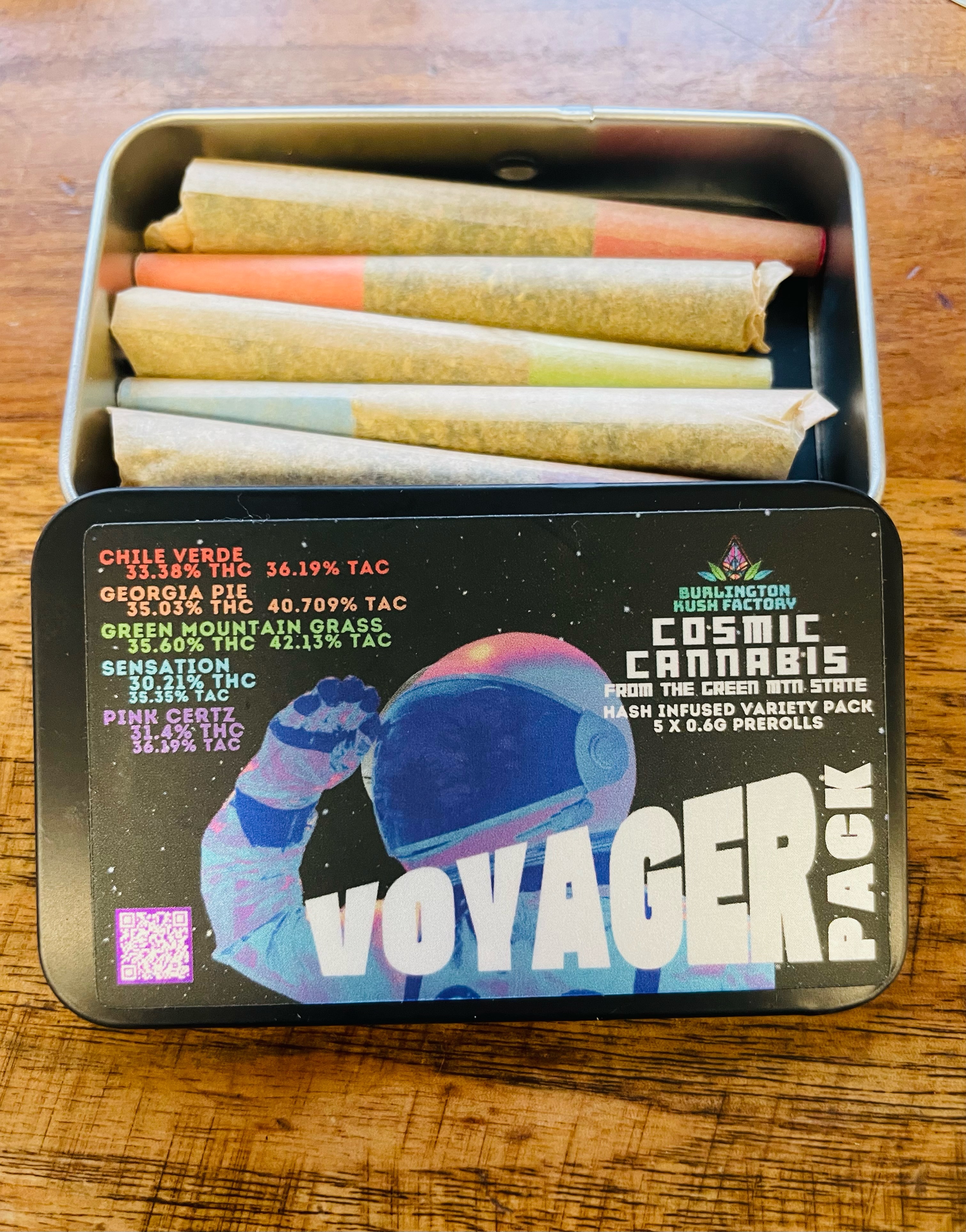 Photograph of product: Burlington Kush Factory | Voyager Infused Variety Pack | Pre-roll | .6g x 5 | 30-35% TH-oui