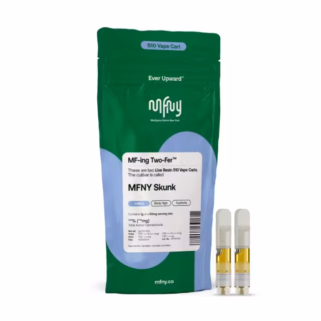 Photograph of product: MFNY "MF-ing Two-fer" MFNY Skunk Live Resin 510 Cartridges *2pk*