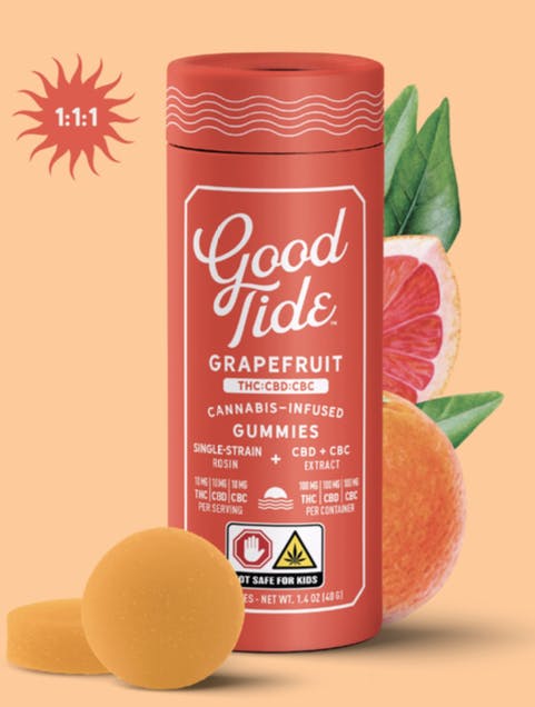 Photograph of product: Good Tide | Grapefruit | Oui'd | Edibles | 1:1:1 | TH-oui:CBD:CBC | 100mg