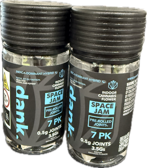 Photograph of product: Dank | Preroll | Space Jam | .5g | 7 Pack | 3.5g | Oui'd-Hybrid | 28.90% TH-oui