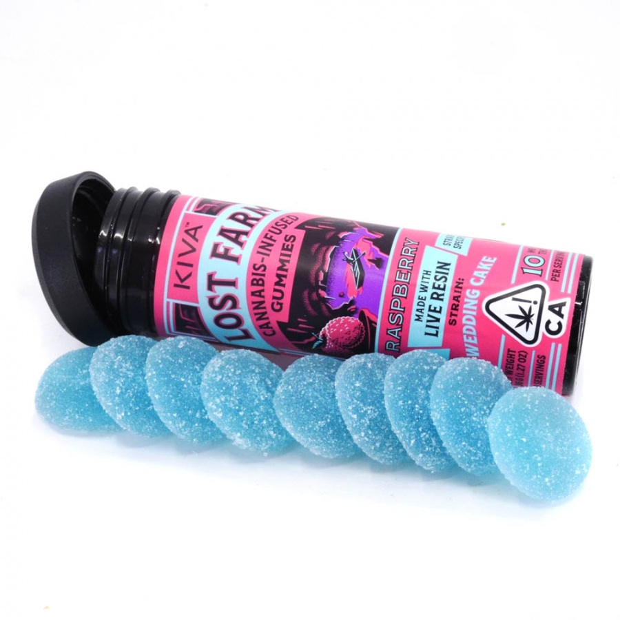 Photograph of product: LOST FARM GUMMIES - RASPBERRY 100MG (WEDDING CAKE) - KIVA CONFECTIONS