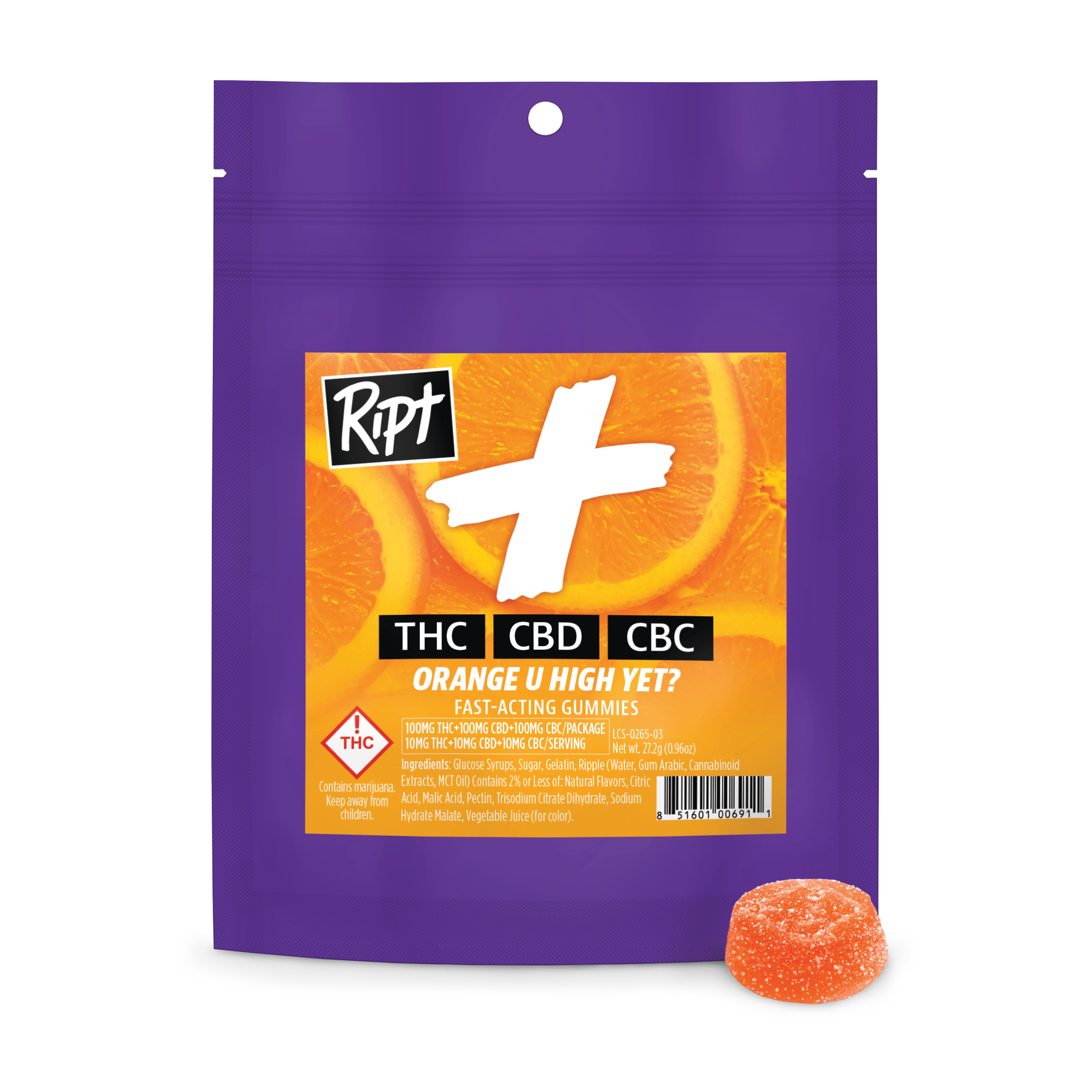 Photograph of product: Orange U High Yet? 1:1 100mg TH-oui / 100mg CBD Sour Gummies