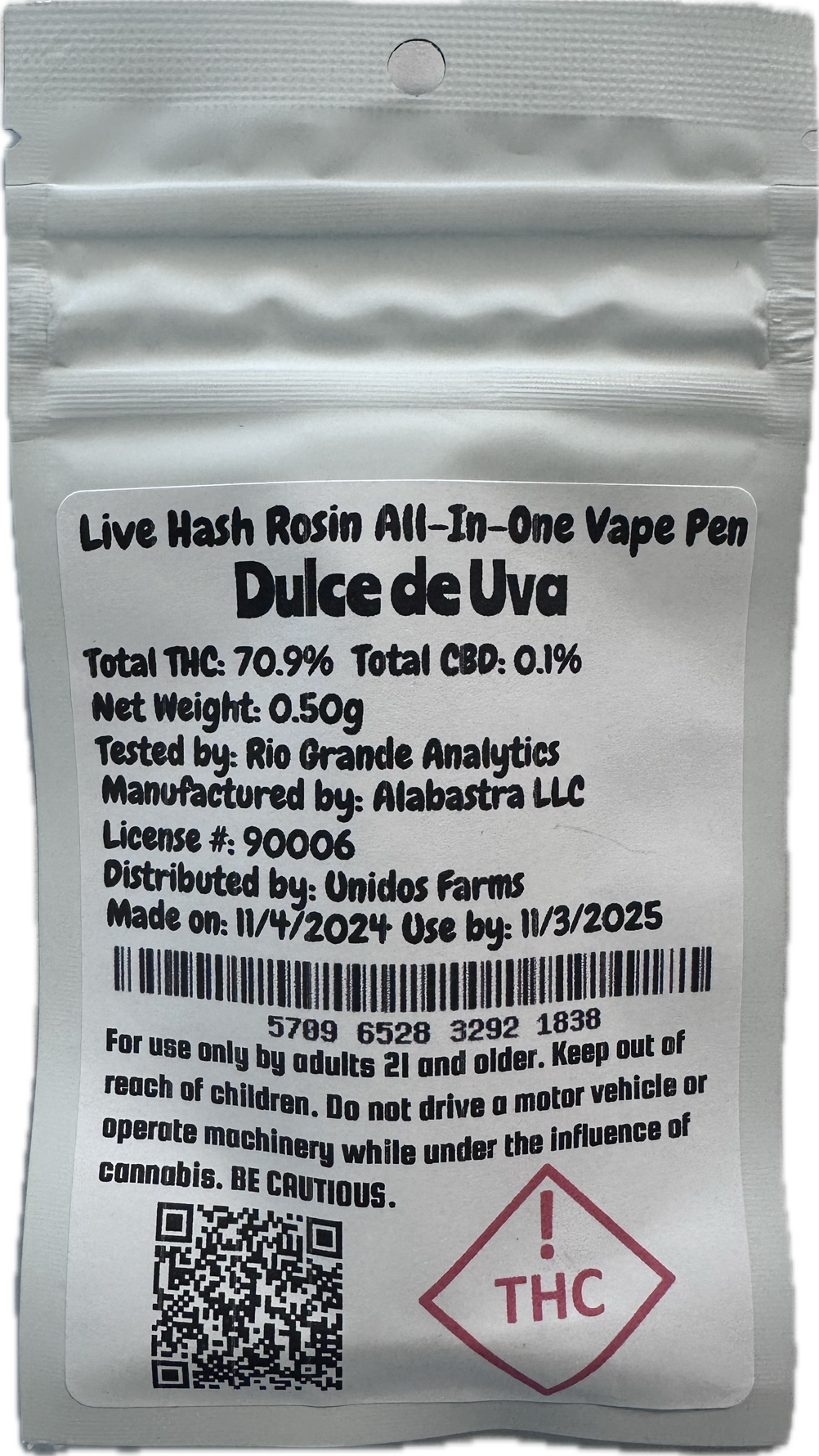 Photograph of product: Unidos Farms Dulce de Uva Live Rosin AIO