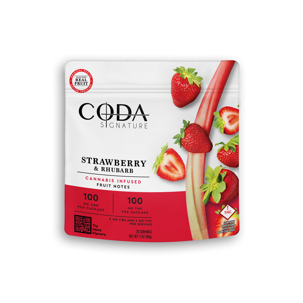 Photograph of product: Coda | Fruit Notes | - 100mg | 1:1 | TH-oui:CBD | Strawberry and Rhubarb
