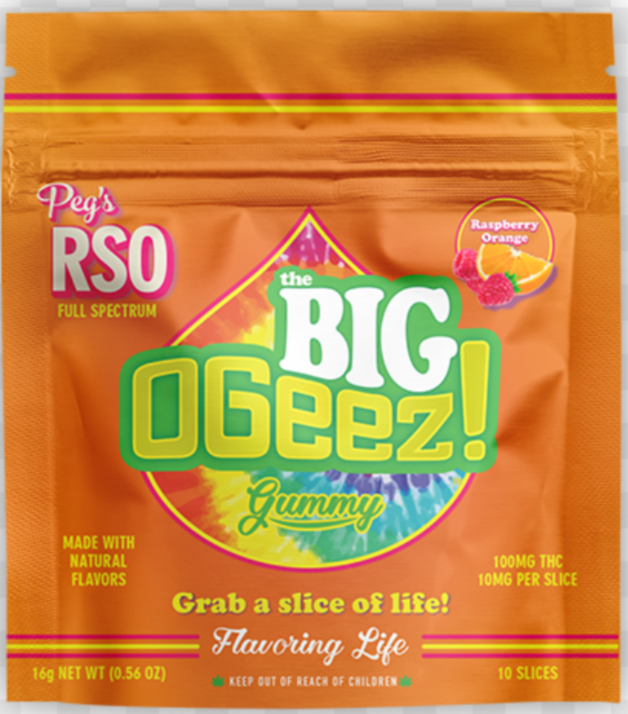 Photograph of Product: OGEEZ PEG'S BIG RASPBERRY ORANGE RSO GUMMY 1PK 100MG