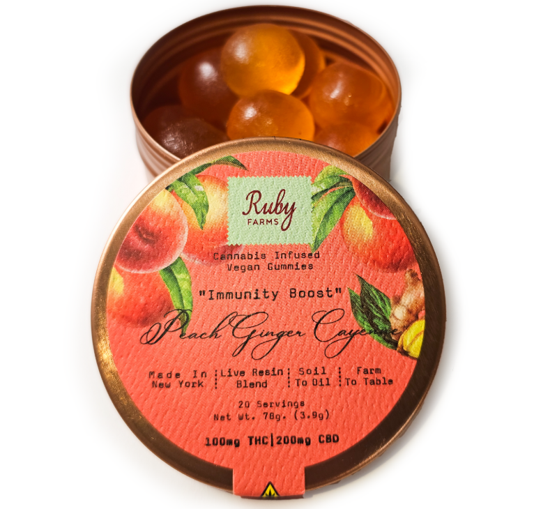 Photograph of product: Ruby Farms | "Immunity Boost" Peach Ginger Cayenne | Black Cherry Gelato | Live Resin Blend  Gummies |