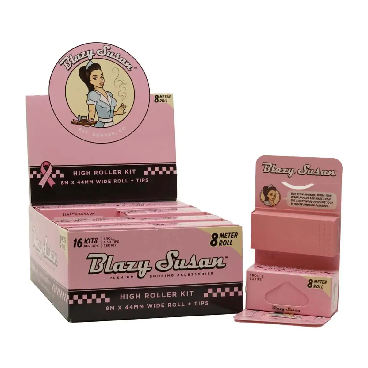 Photograph of product: Blazy Susan High Roller Kit | 8m x 44mm wide roll + Tips | Rolling Papers