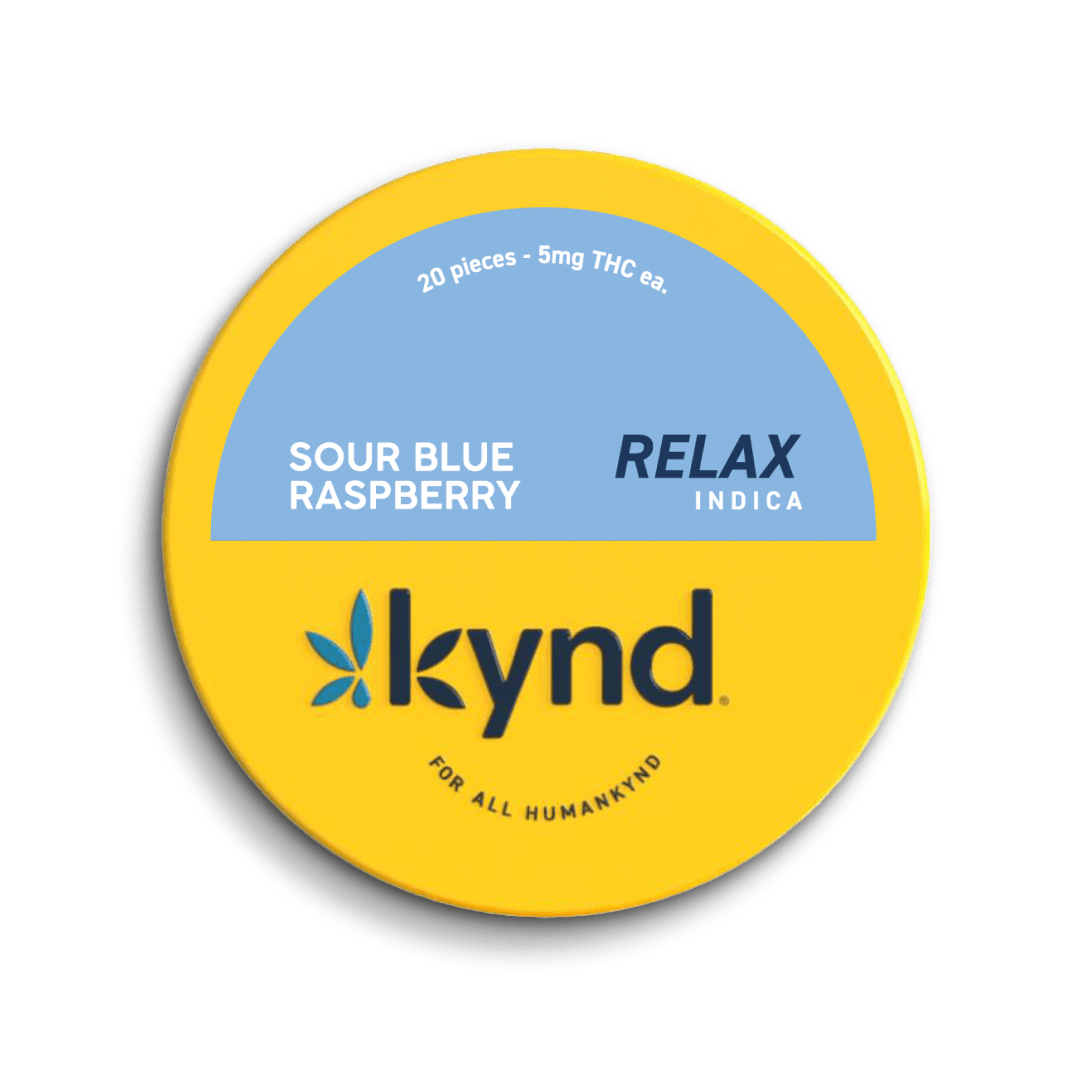 Photograph of product: 100mg - 10pk - Edibles - Relax Sour Blue Raspberry RSO - Kynd - REC