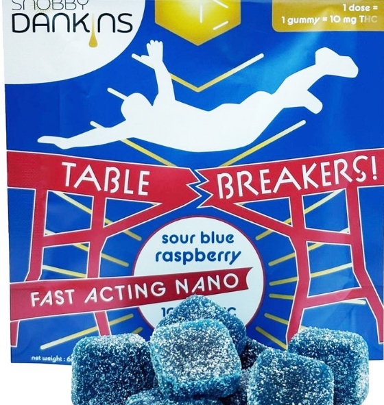 Photograph of product: Snobby Dankins Table Breakers Fast Acting Gummies | 10 count 10mg TH-oui each | Sour Blue Raspberry