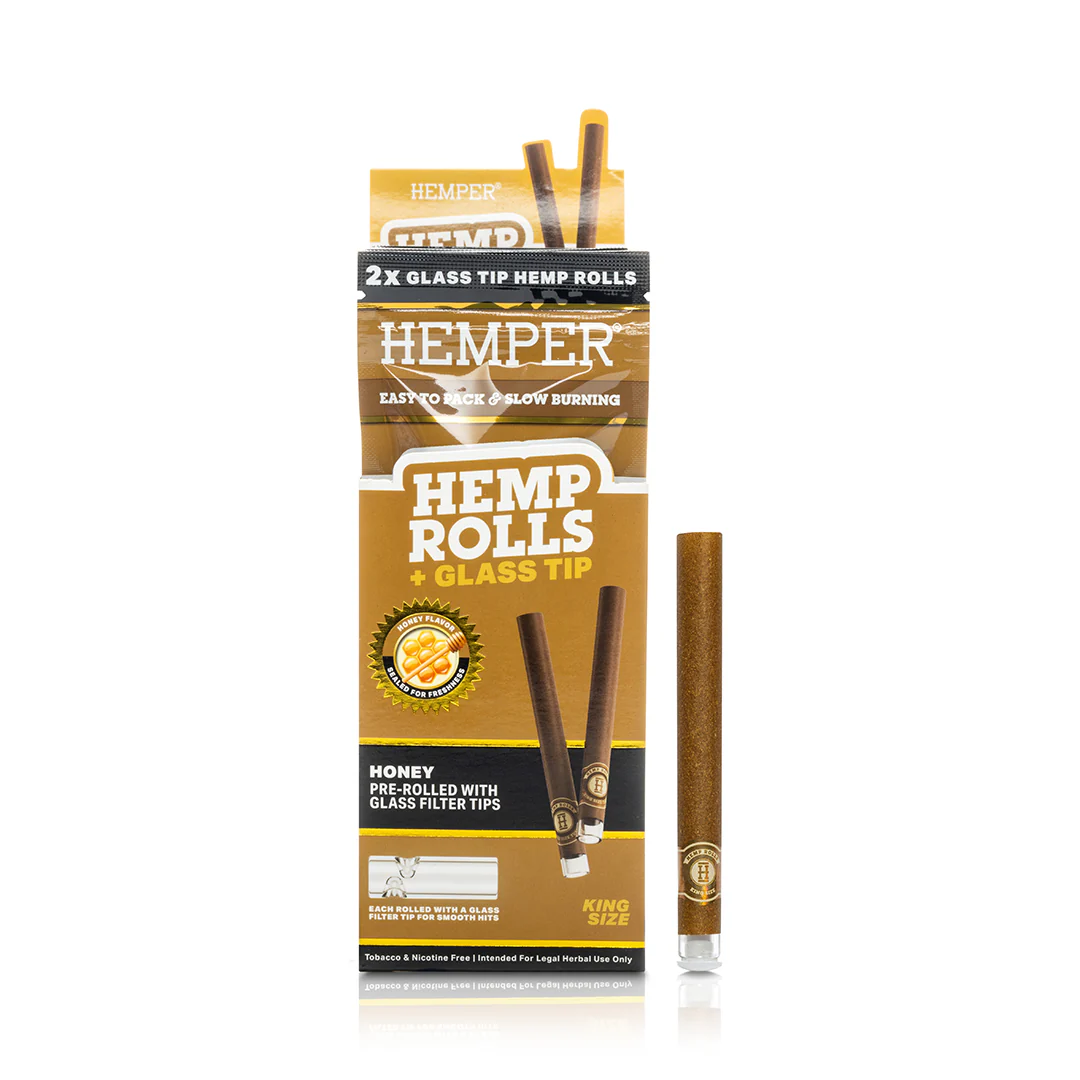 Photograph of product: Hemper Honey Flavor Hemp Rolls + Glass Tip 2pk King Size