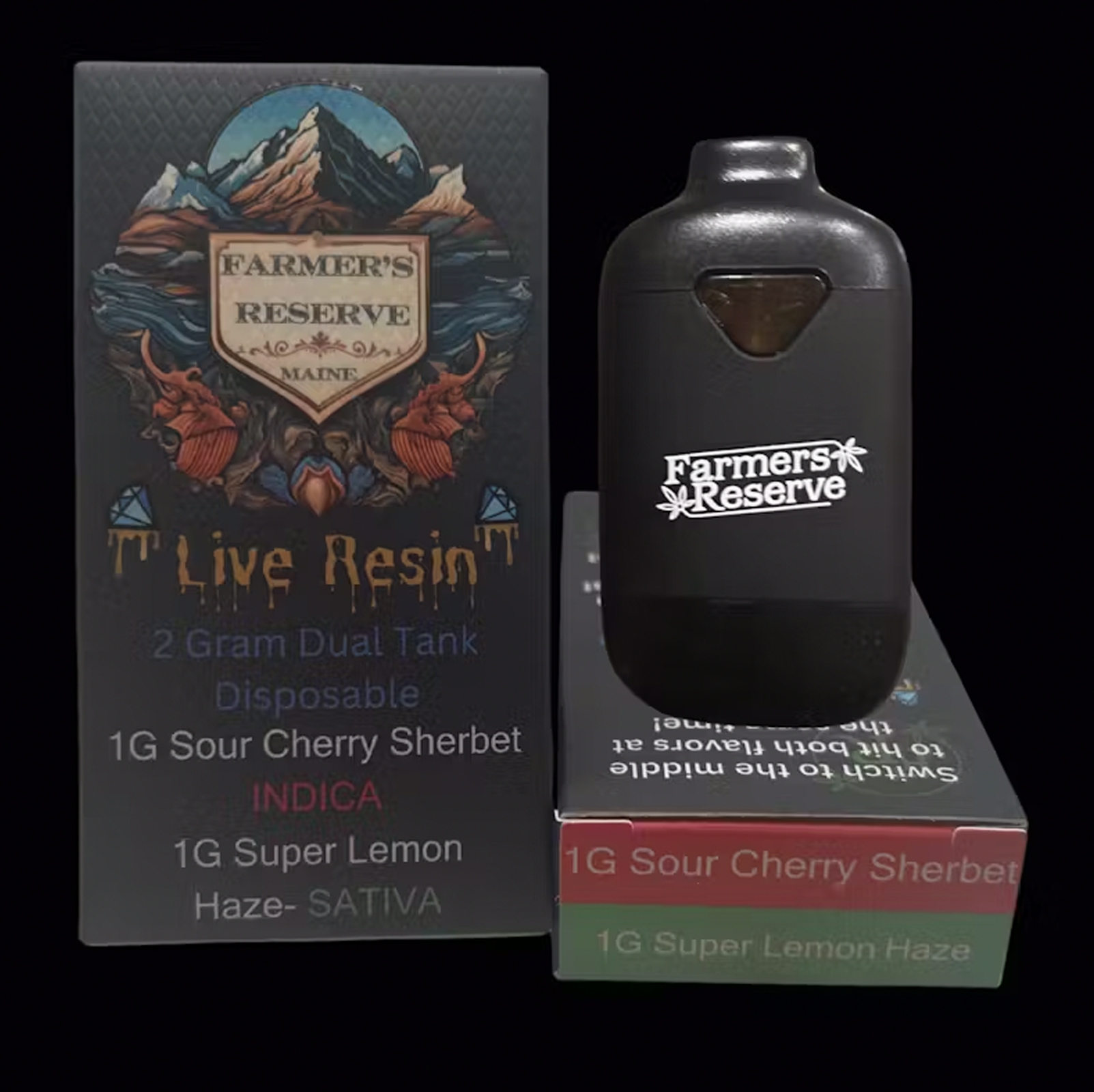 Photograph of product: Farmers Reserve Live Resin Dual Tank Disposable Cart. Sour Cherry Sherb / Super Lemon Haze 2 G