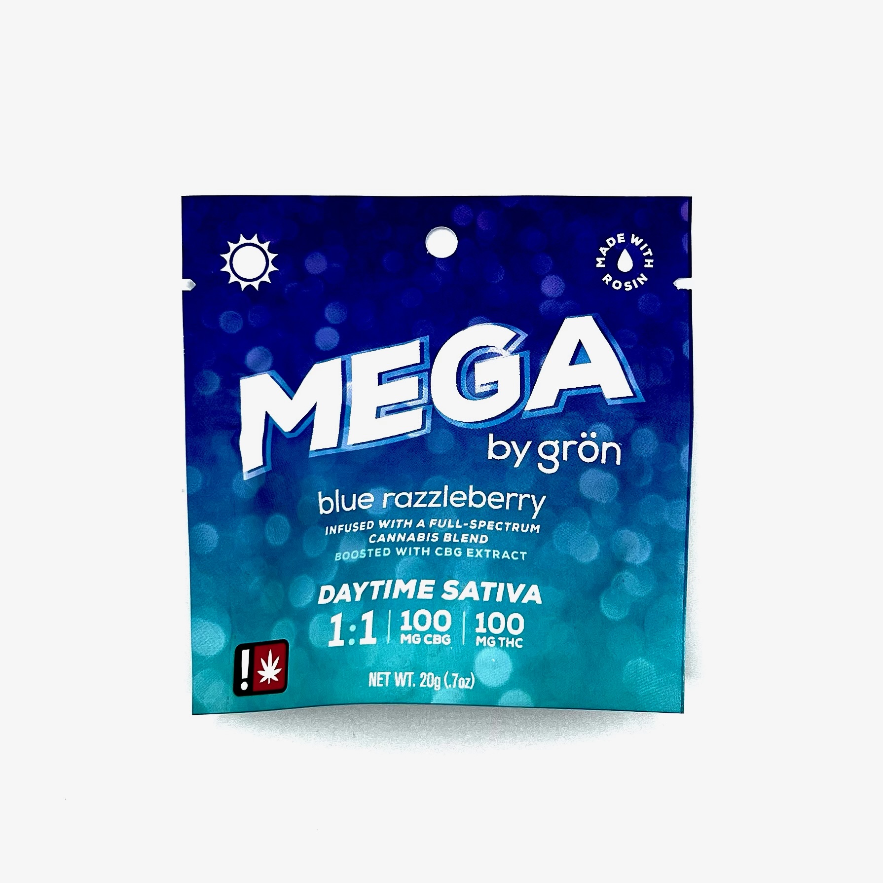 Photograph of product: Gron | Blue Razzleberry 1:1 | TH-oui: CBG | Full Spectrum | 100mg Mega Pearl Gummy