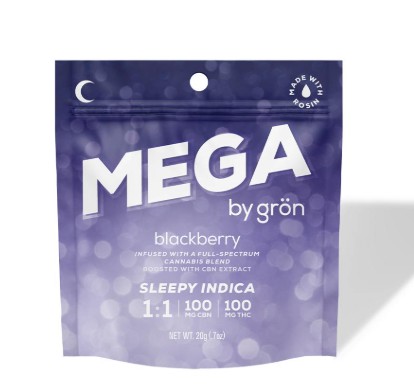 Photograph of product: Gron | Mega | Blackberry | Full-Spectrum Gummy | 1:1 TH-oui:CBN | 100mg