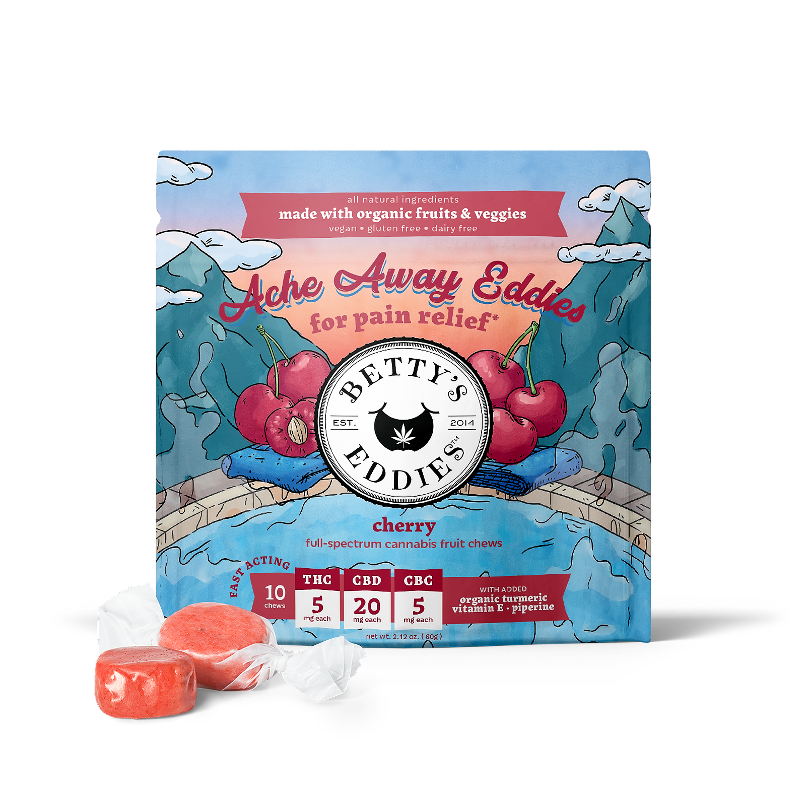 Photograph of product: Betty's Ache Away Eddies Cherry 1:4:1 TH-oui:CBD:CBC | 50 mg