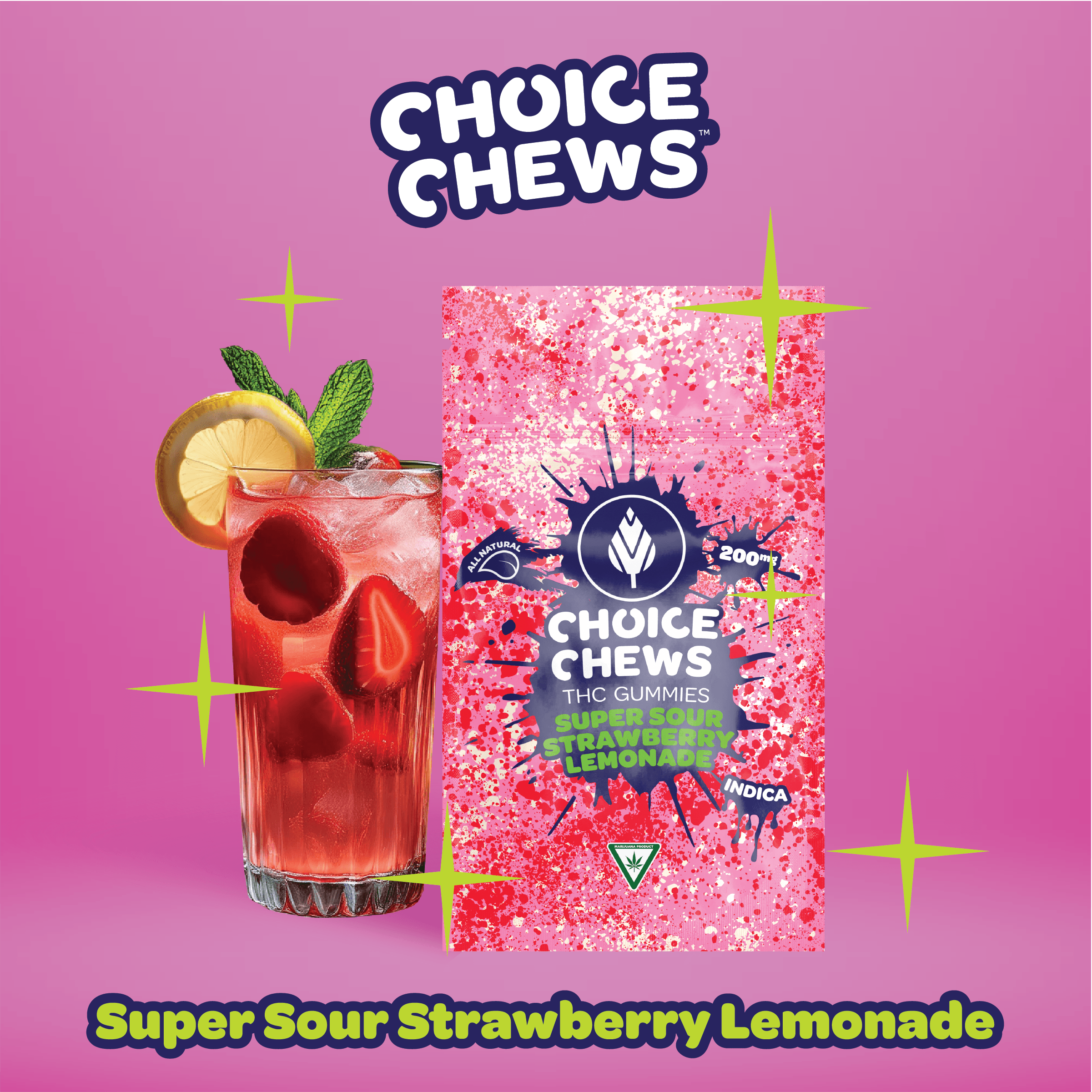 Photograph of product: CHOICE | CHEWS | 200MG | SUPER SOUR STRAWBERRY LEMONADE