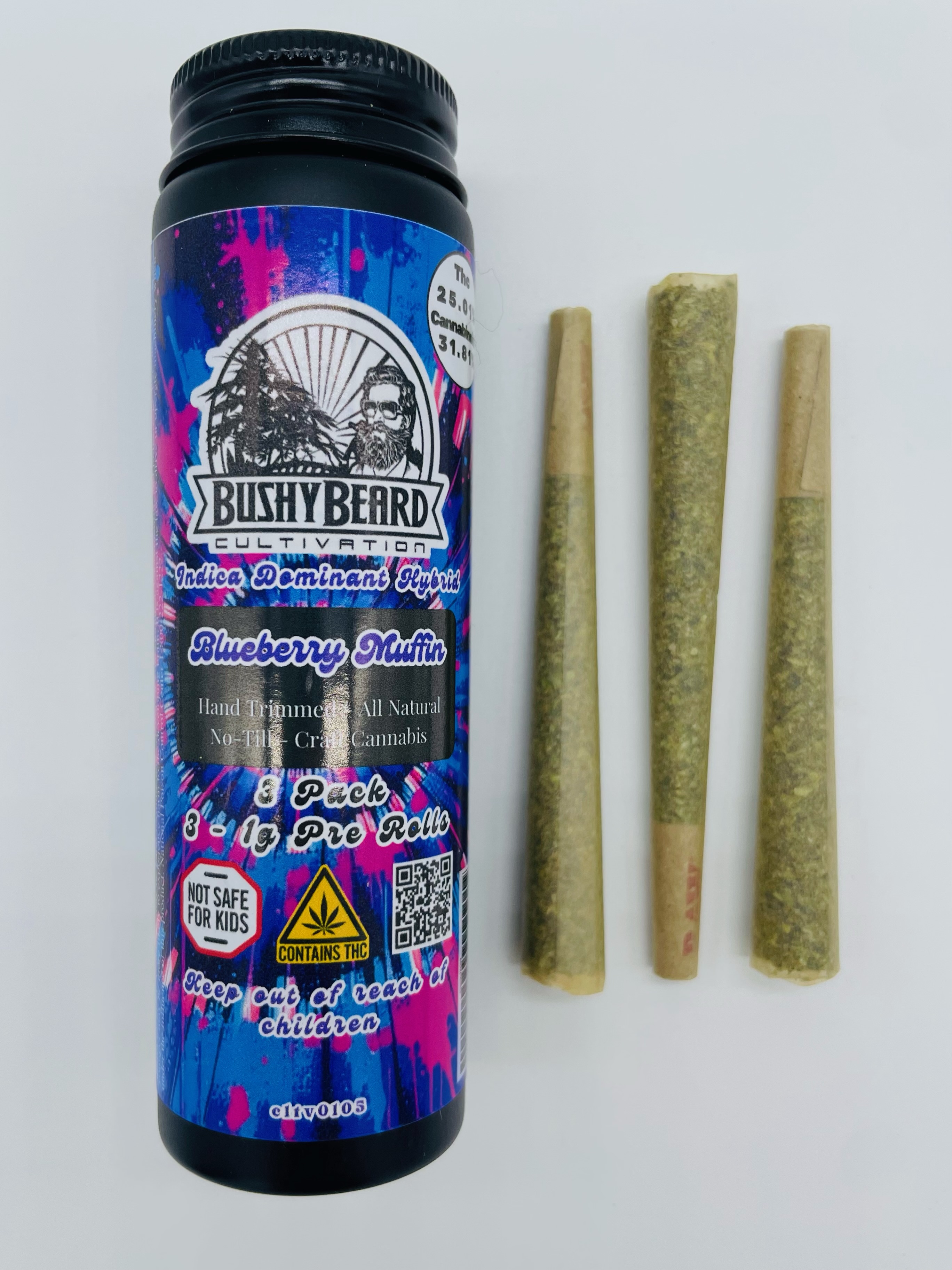 Photograph of product: Bushy Beard | Blueberry Muffin 3pk | Pre-Roll | 3g | 25.01% TH-oui