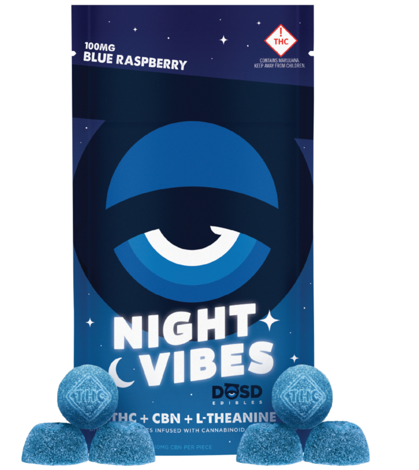Photograph of product: Night Vibes Blue Raspberry (I) - (1:1 TH-oui:CBN) - 100mg Nano Bites - Dosd