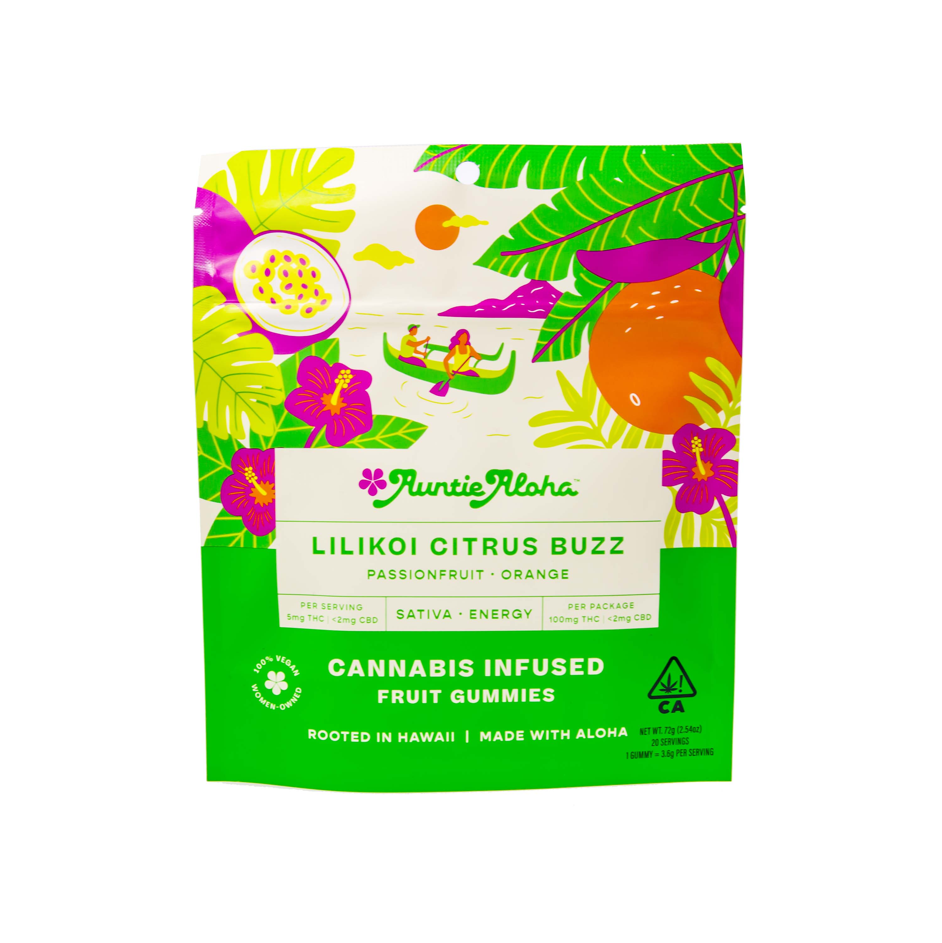 Photograph of Product: Auntie Aloha | Lilikoi Citrus Buzz Gummies (100mg THC)