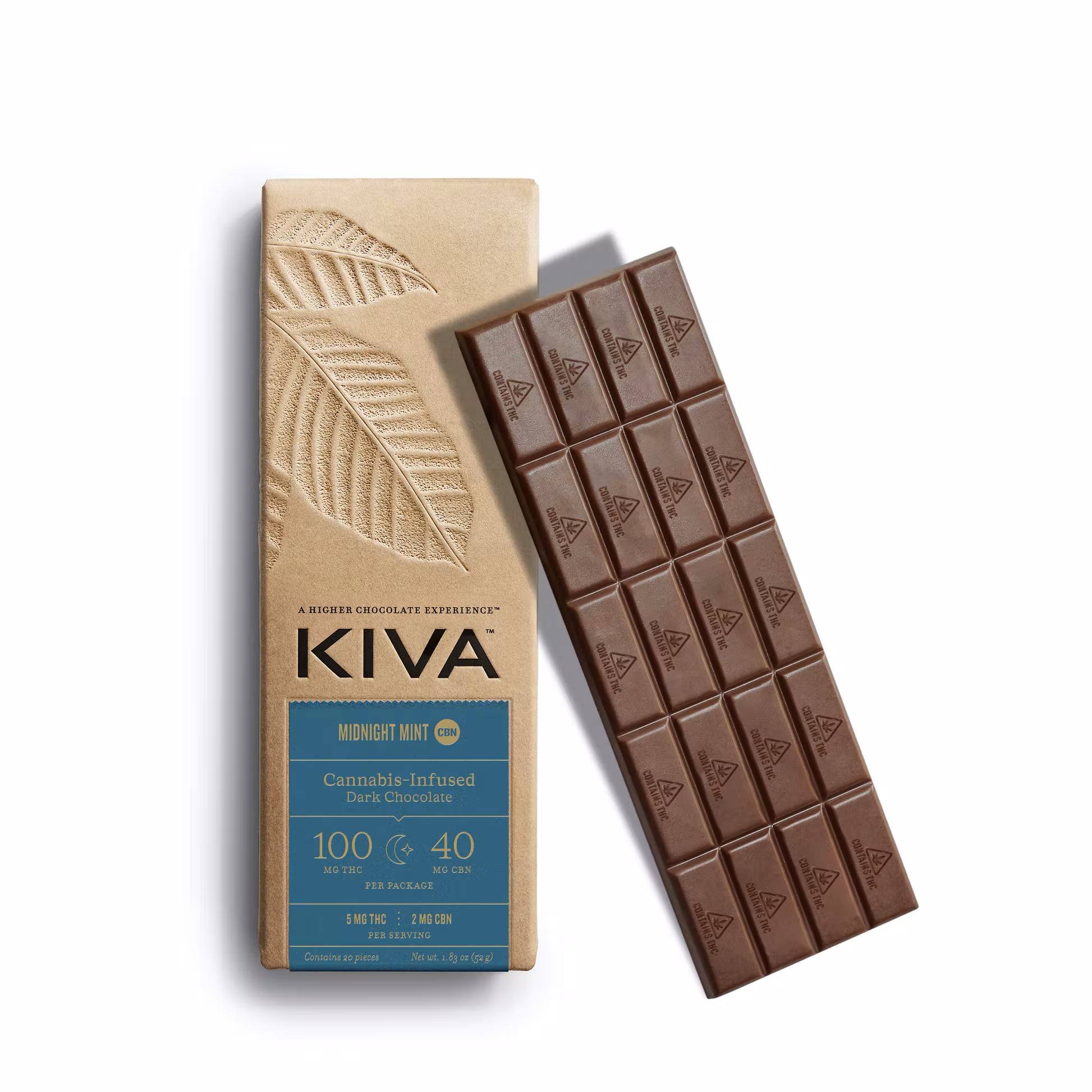 Photograph of product: Kiva Dark Chocolate Midnight Mint 5:2 CBN Bar 5mg 20pc