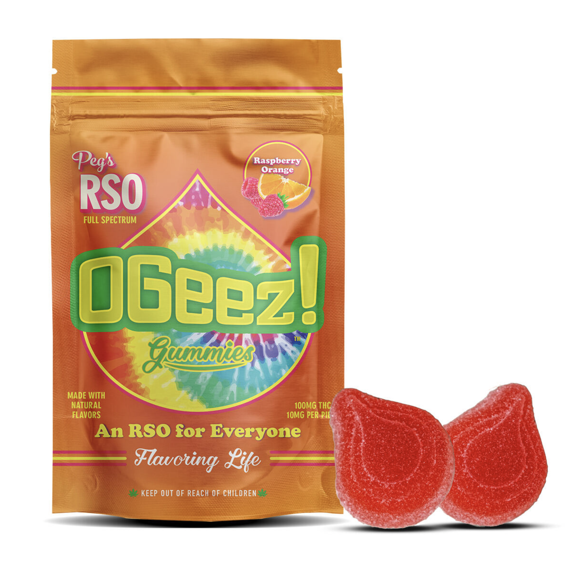 Photograph of product: OGEEZ! - PEG'S - GUMMIES RSO - 100MG - 10PK - RASPBERRY ORANGE - HYBRID
