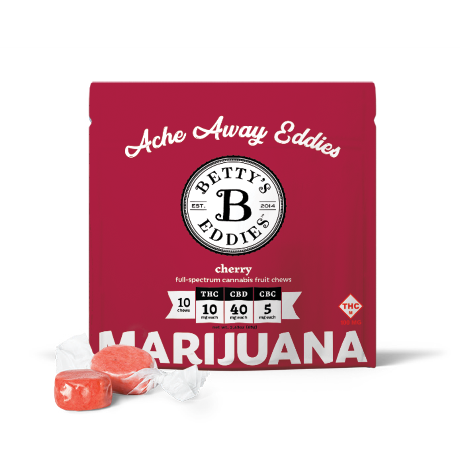Photograph of Product: Cherry | 10:8:1 | THC:CBD:CBC | 500mg | Fruit Chews | Betty's Eddies