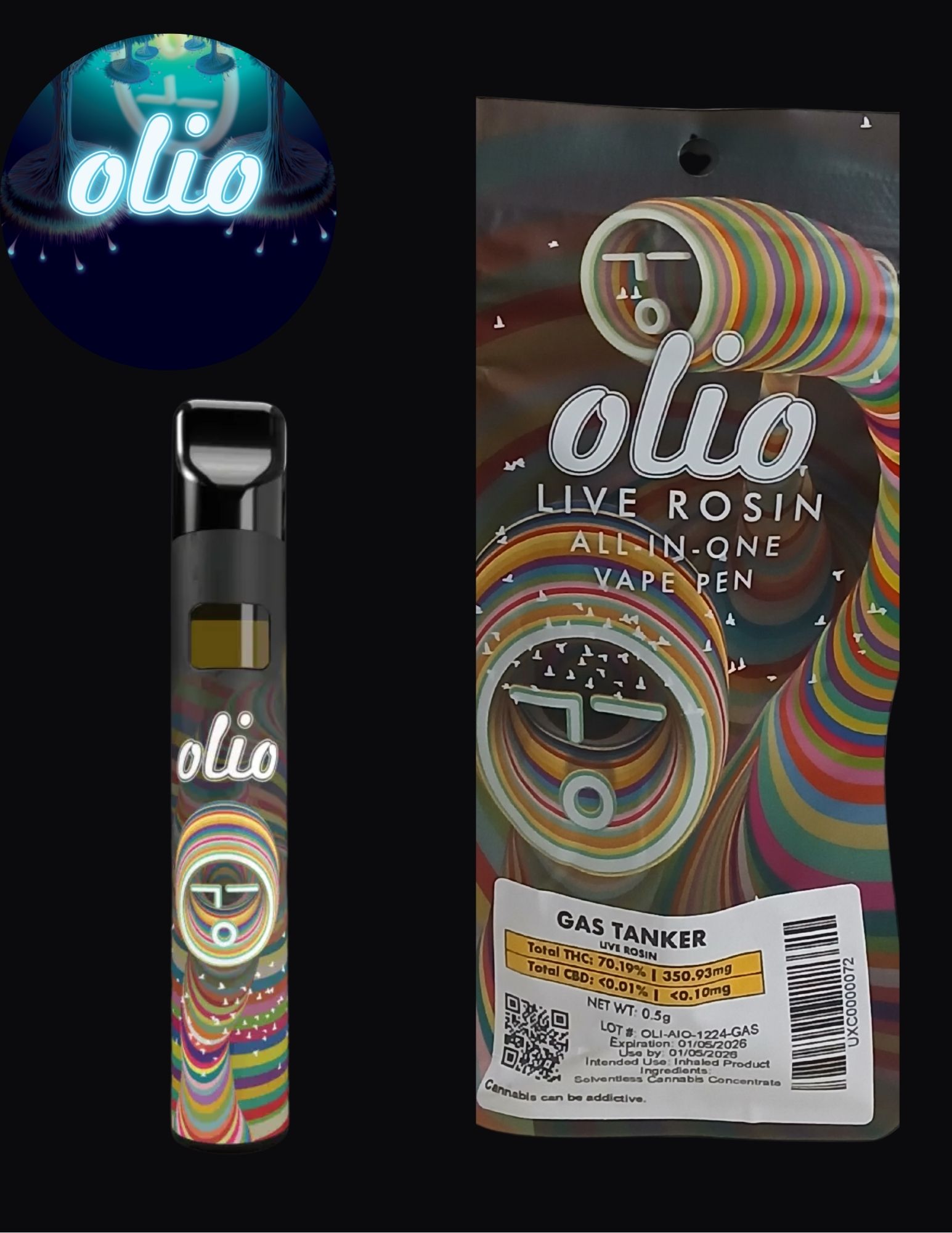 Photograph of product: Olio | Live Rosin | .5g AIO Vape | Gas Tanker