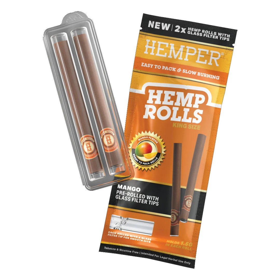 Photograph of product: Hemper | Cones | King Size Hemp Rolls w/ Glass Tip | Mango | 2 Pack