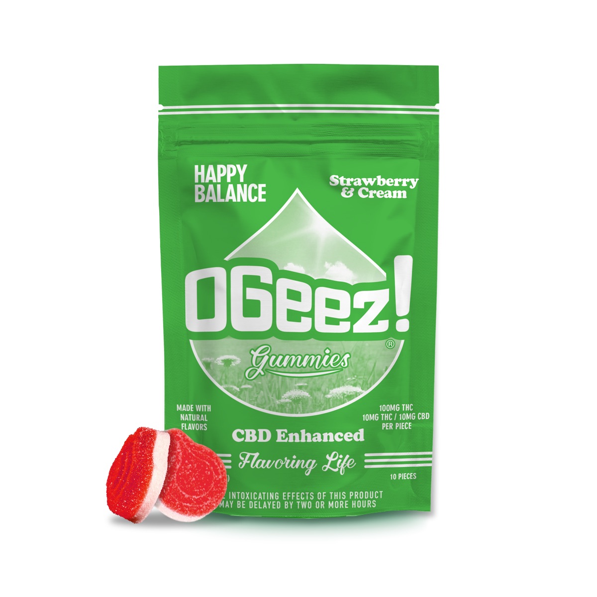 Photograph of product: OGeez! | Gummies | Happy Balance | Strawberries and Cream | 1 CBD : 1 TH-oui | 10pk/100mg