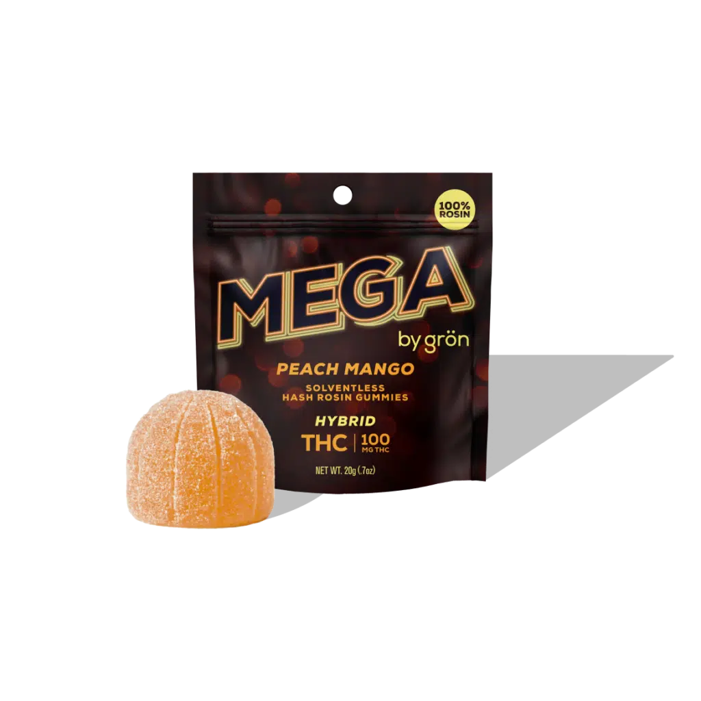 Photograph of product: Gron Rosin Mega | Peach Mango | Gummy | 100mg TH-oui I Hybrid