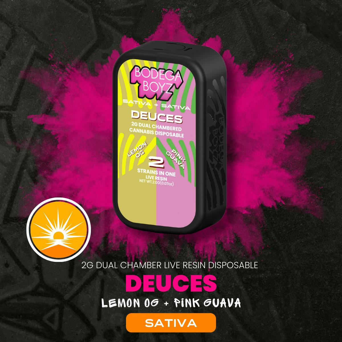 Photograph of product: Bodega Boyz | Vape | Lemon OG X Pink Guava | 2g | Live Resin | Dual Chamber | All In One | Deuces | Oui'd X Oui'd | 87.04% Thc