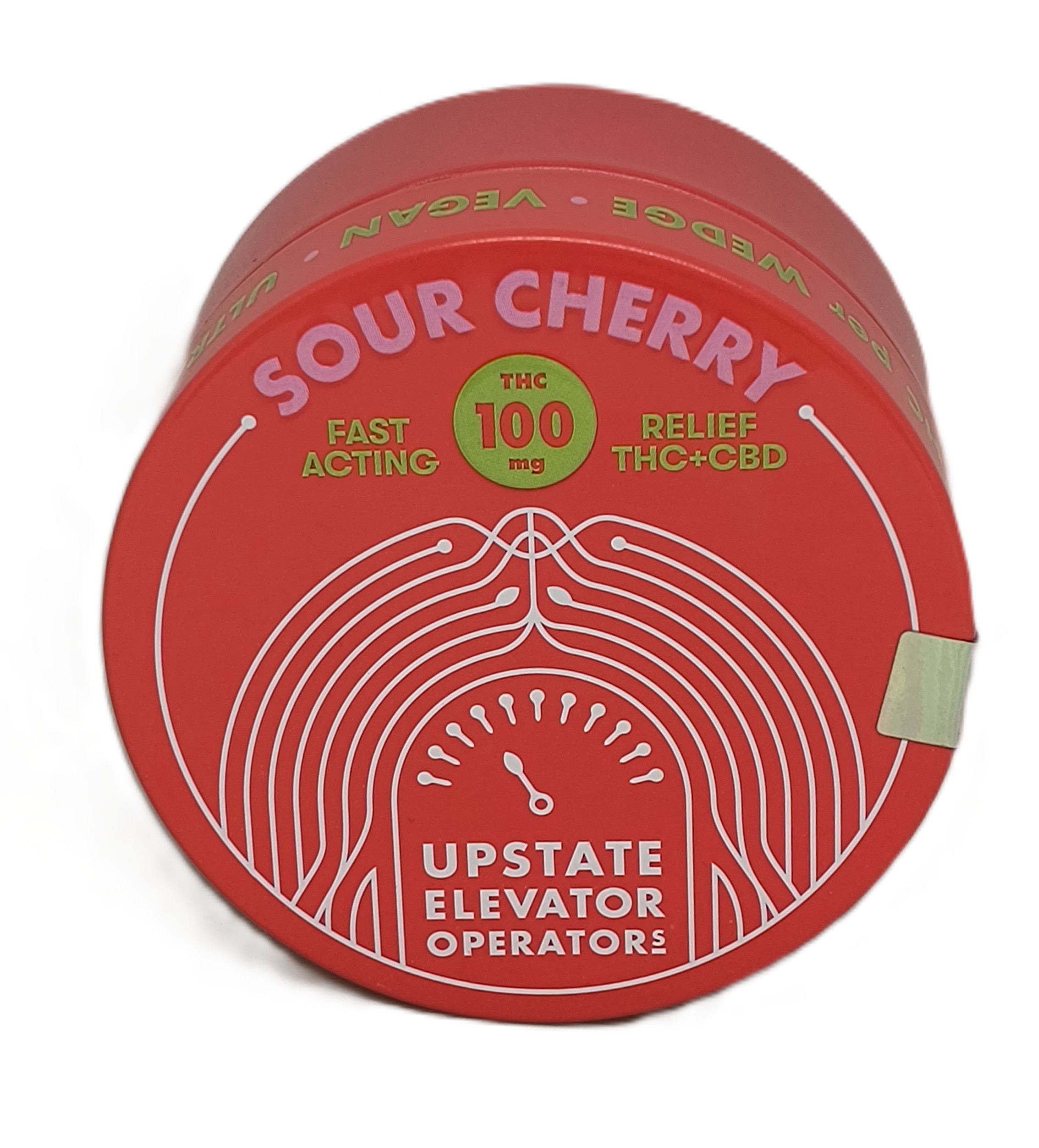Photograph of product: Sour Cherry Fast-Acting Pucks | 100mg CBD + 100mg TH-oui | Upstate Elevator Operators