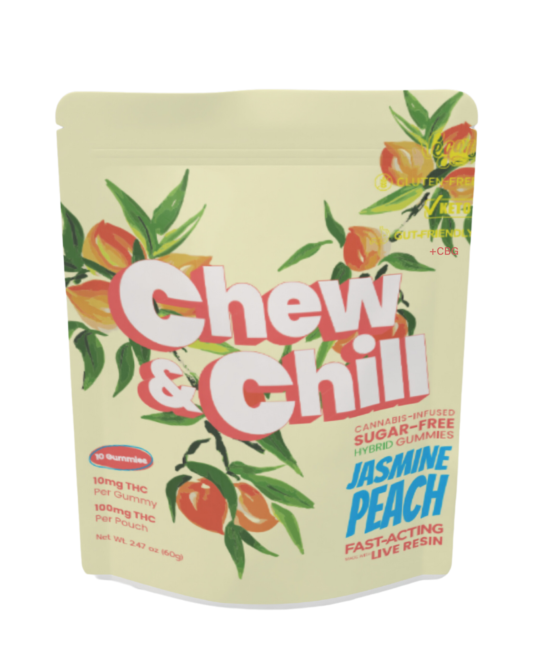 Photograph of product: CHEW & CHILL | JASMINE PEACH | HYBRID | 100MG GUMMIES | SUGAR-FREE