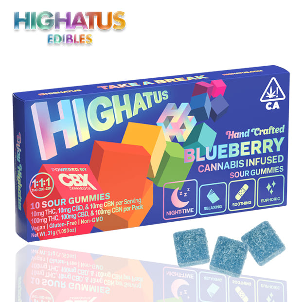 Photograph of product: Highatus - Blueberry CBN - Sour Gummies 1:1:1 - 100mg - 