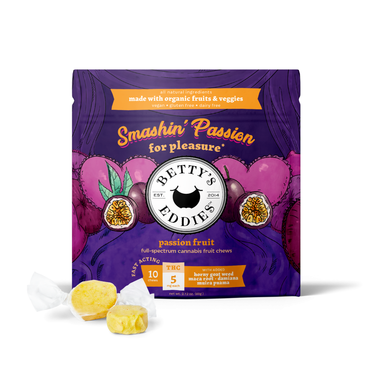 Photograph of product: Betty's Smashin' Passion Fruit Chews - (5mg/50mg)