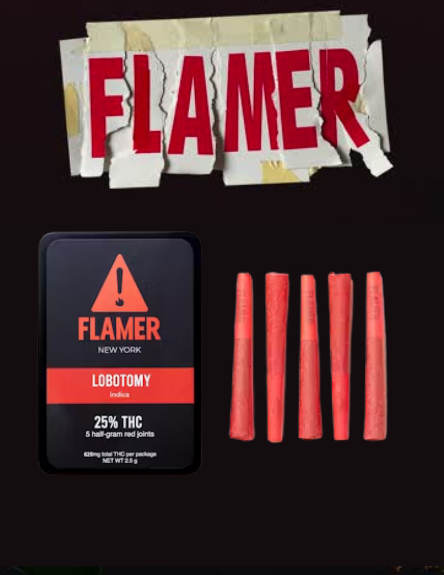 Photograph of product: Flamer 5 pack of .5g Pre-rolls- Lobotomy (2.5g)