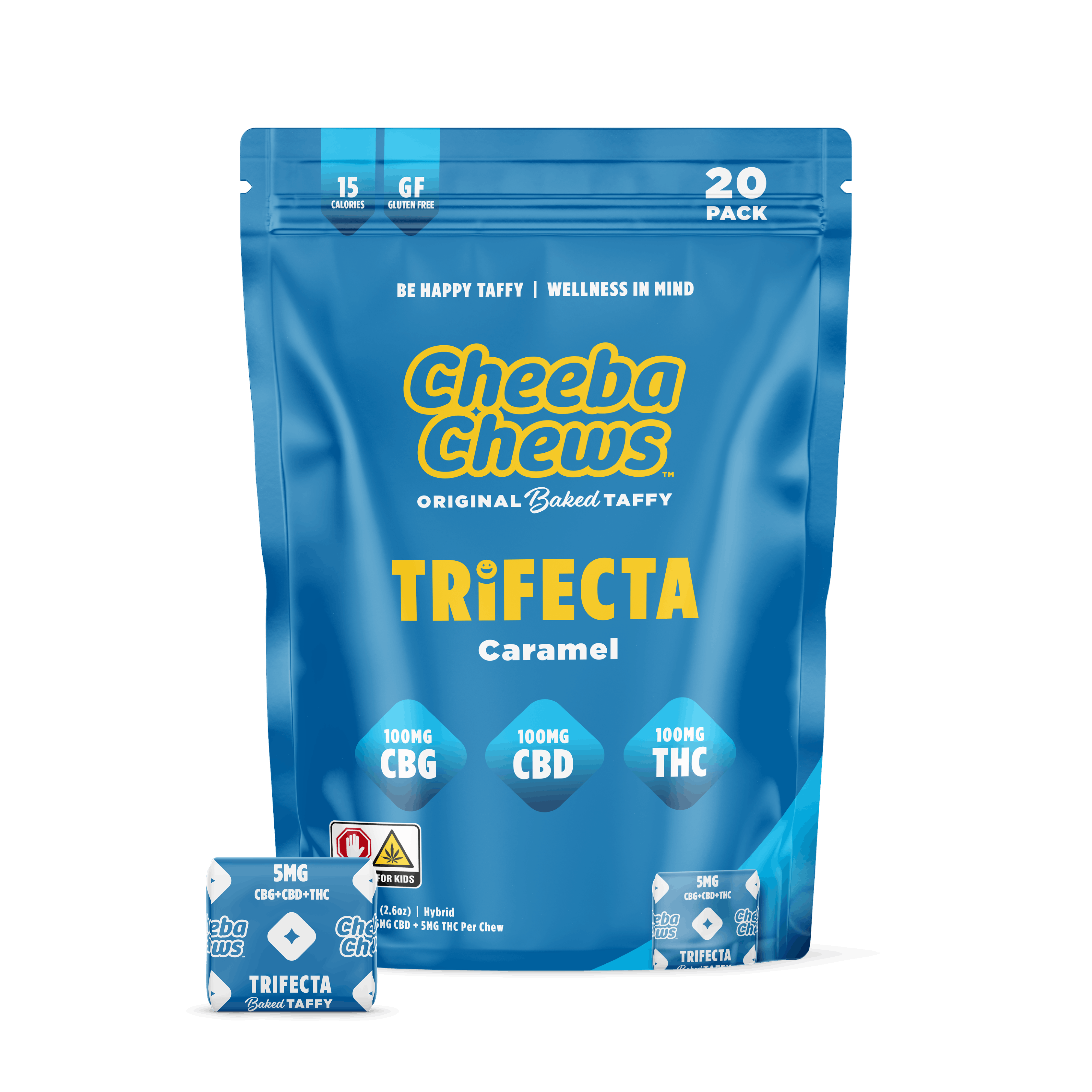 Photograph of product: Cheeba Chews - Caramel Taffy - 1:1:1 Trifecta TH-oui/CBG/CBD (H) 100mg