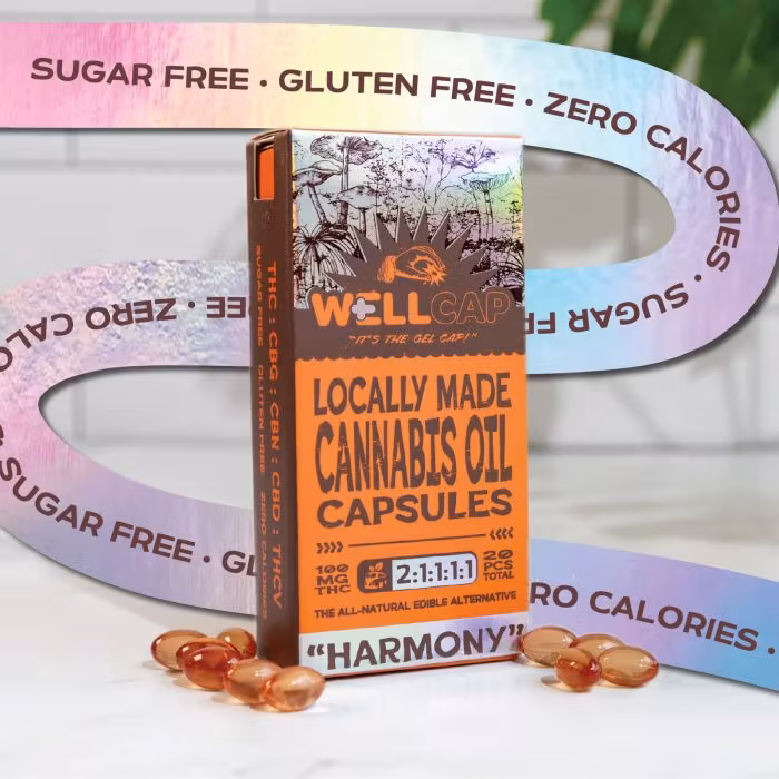 Photograph of product: Harmony (2:1:1:1:1) (TH-oui:CBD:CBG:CBN:TH-ouiV) - 100mg Gel Caps - WellCap