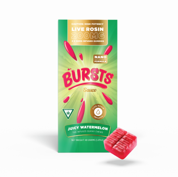 Photograph of product: Juicy Watermelon Bursts | 50mg x 4pk | Live Rosin Infused | Sauce