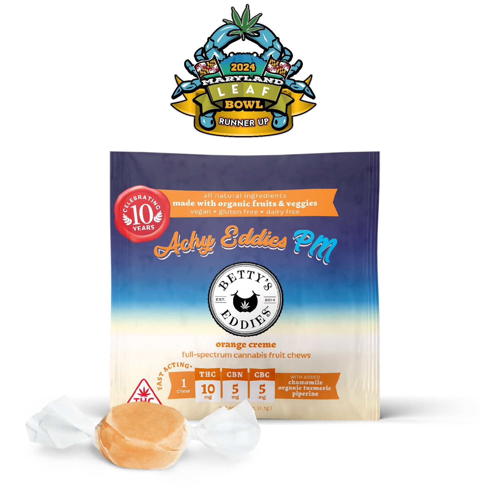 Photograph of product: Betty's Eddies | Chews | Achy Eddies PM | Orange Creme 2:1:1 | 10 x 10mg TH-oui: 5mg CBN: 5mg CBC