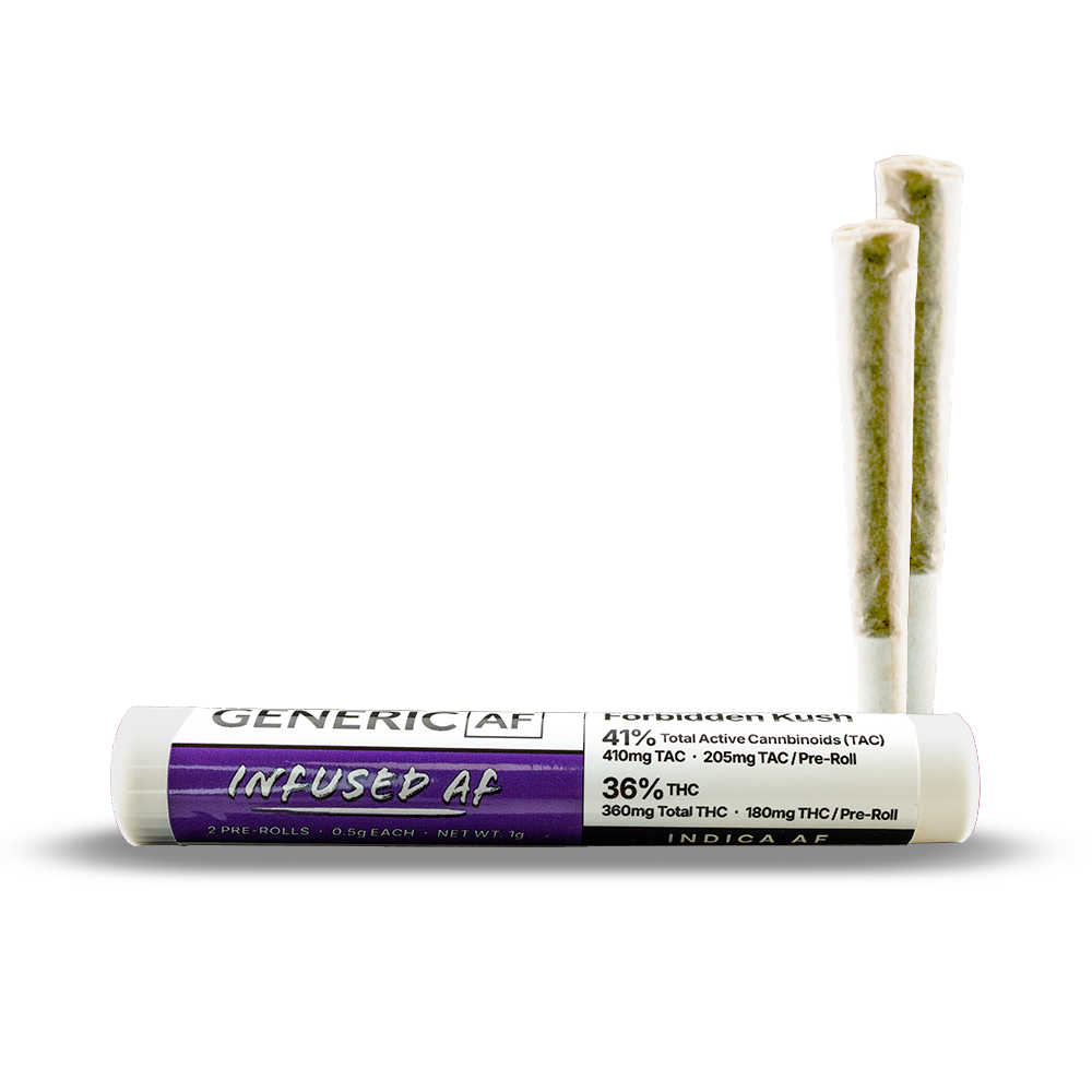 Photograph of product: Generic AF | Pre Roll | Oui'd AF| Infused AF| Forbidden Kush | 0.5g 2pk