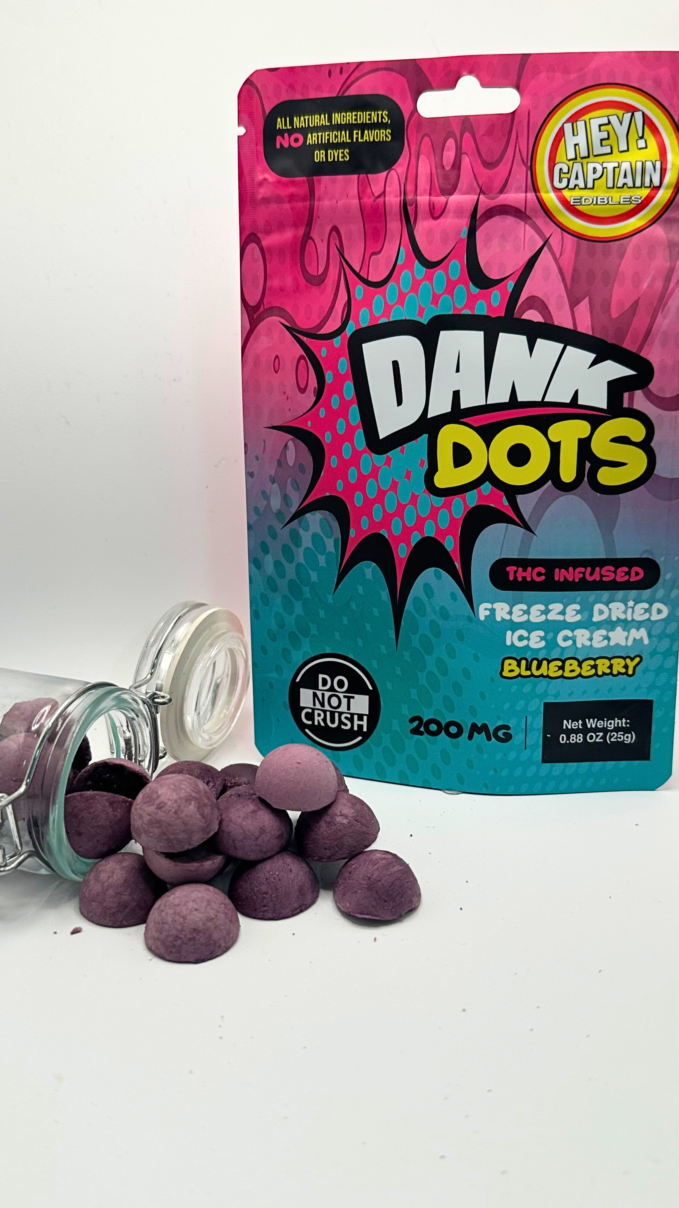Photograph of product: Hey Captain | Dank Dots Blueberry Freeze Dried Ice Cream | Candy | 200mg