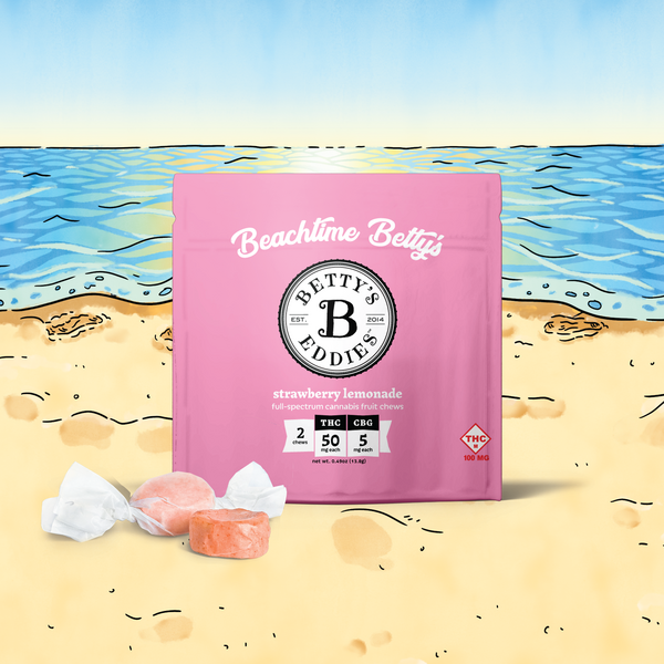 Photograph of product: BETTY'S EDDIES 100MG STRAWBERRY LEMONADE FRUIT CHEWS 2PK