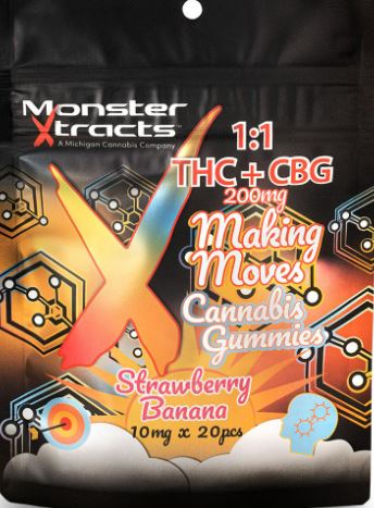 Photograph of product: Monster Xtracts - Strawberry Banana - 1:1 TH-oui:CBG - 200mg gummies