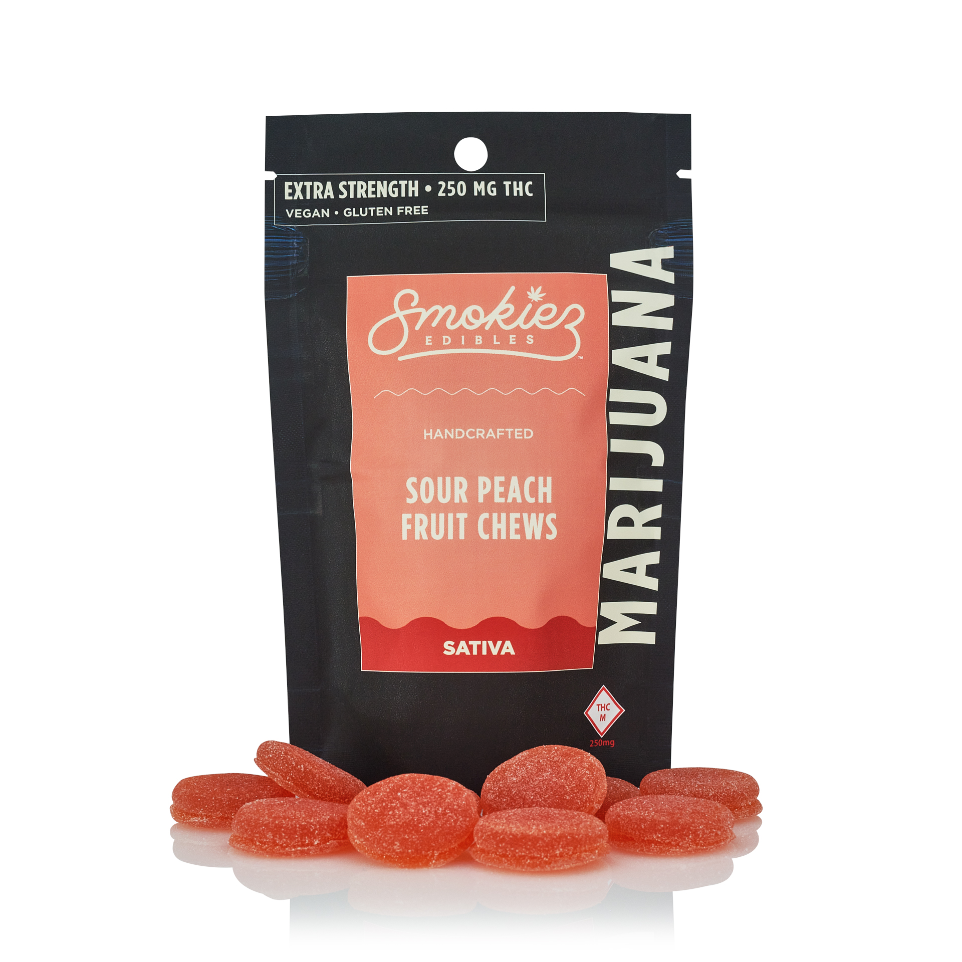 Photograph of product: EXTRA-STRENGTH! Sour Peach Oui'd  250mg TH-oui Fruit Chews