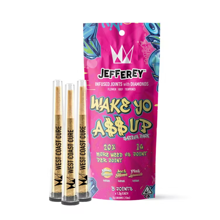 Photograph of product: WAKE YO A$$ UP 3.6G INFUSED 3 PACK PREROLLS (BLUE DREAM, JACK HERER, PINK LEMONADE)
