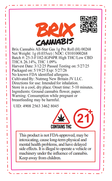 Photograph of product: All-Star Gas 1g Pre Roll (H) 00268