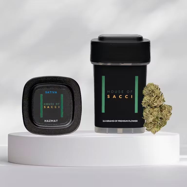 Photograph of product: House Of Sacci | Flower | Jar | Hazmat | 3.5g | Oui'd | 28% TH-oui