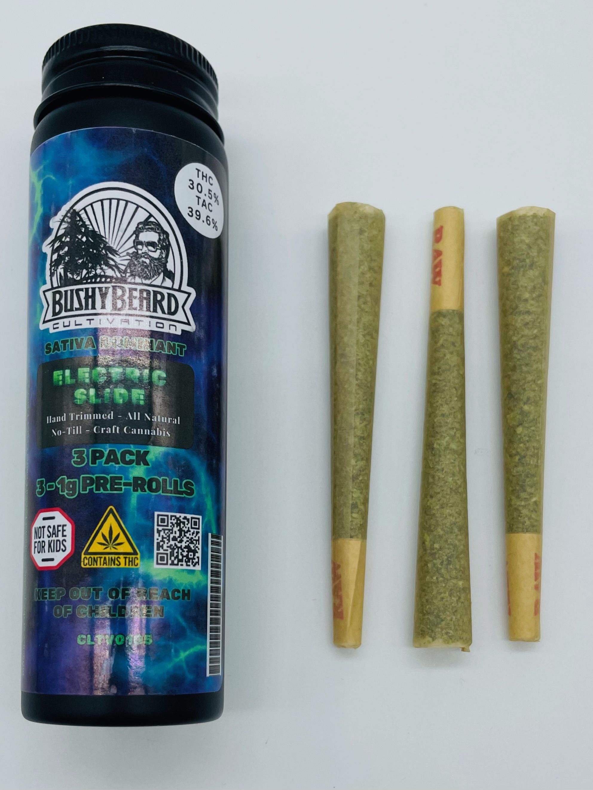 Photograph of product: Bushy Beard | Electric Slide 3pk | Pre-Roll | 3g | 30.5% TH-oui